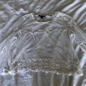 White mesh long sleeve top with embroidered detail